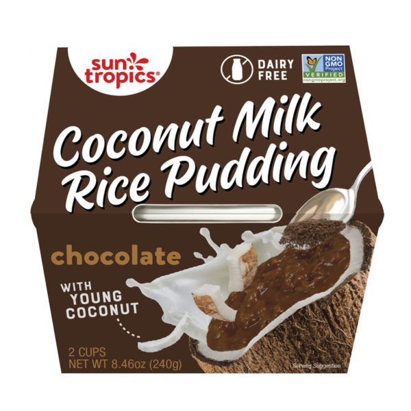 a container of Suntropics Coconut Milk rice Pudding chocolate