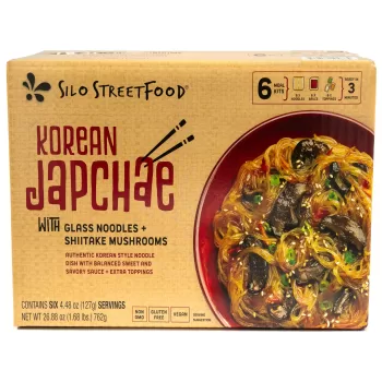 a box of Korean Japchae with glass noodles and shiitake mushrooms