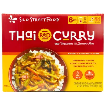 a box of Thai Red Curry with vegetables and jasmine rice