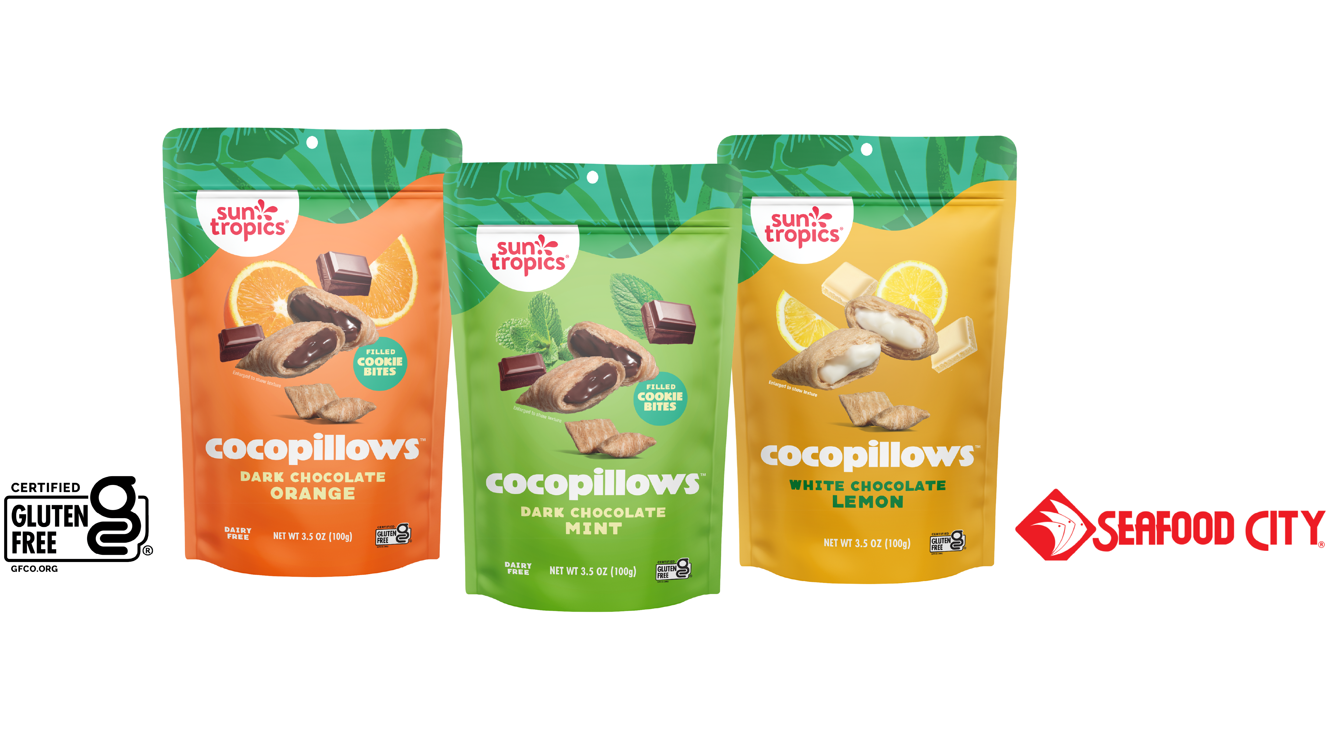 Sun Tropics CocoPillows Dark Chocolate Orange, Dark Chocolate Mint and White Chocolate Lemon, Certified Gluten Free, available at Seafood City